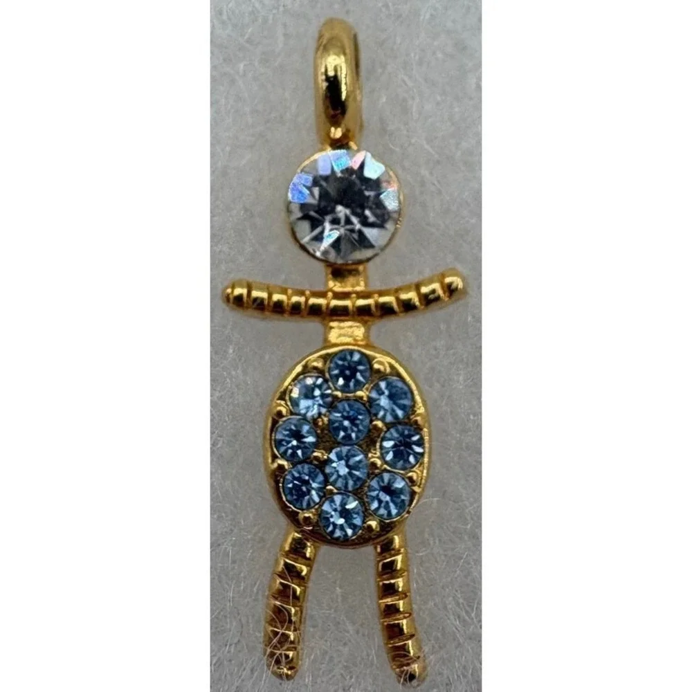 Vintage Gold Tone Stick Figure Pendant with‎ Blue Rhinestones Whimsical Design